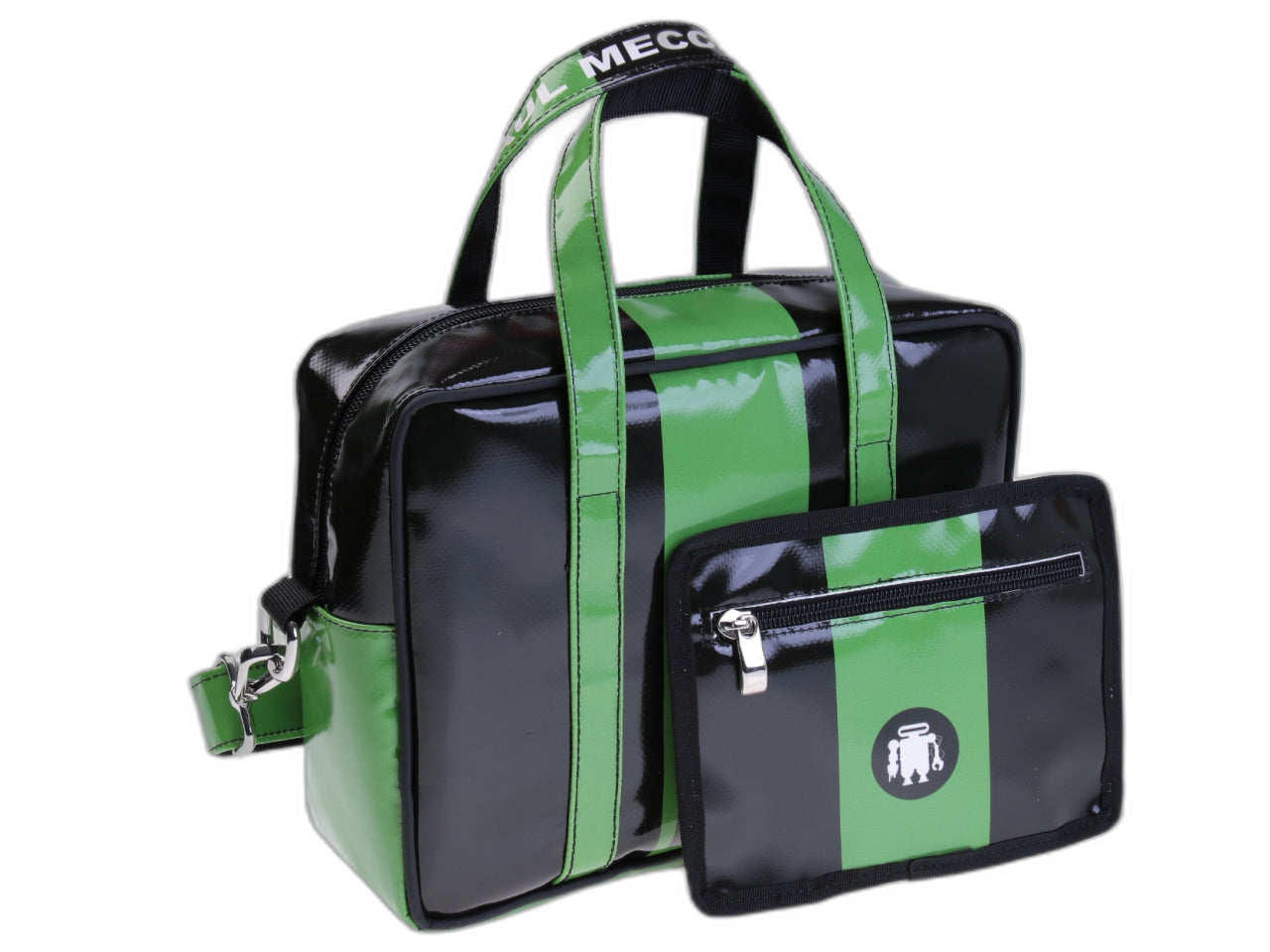 BORSA RETTANGOLARE DA DONNA NEI COLORI NERO E VERDE SCURO. MODELLO PINCA IN TELONE DA CAMION.