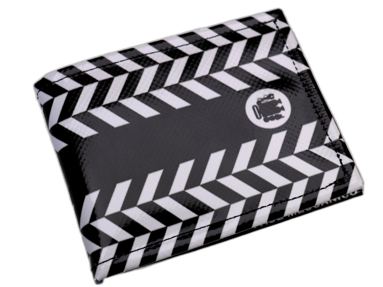 PORTAFOGLIO DA UOMO IN BIANCO E NERO A FANTASIA GEOMETRICA. MODELLO CRIK REALIZZATO CON TELONI DI CAMION. - Edizione Limitata Paul Meccanico