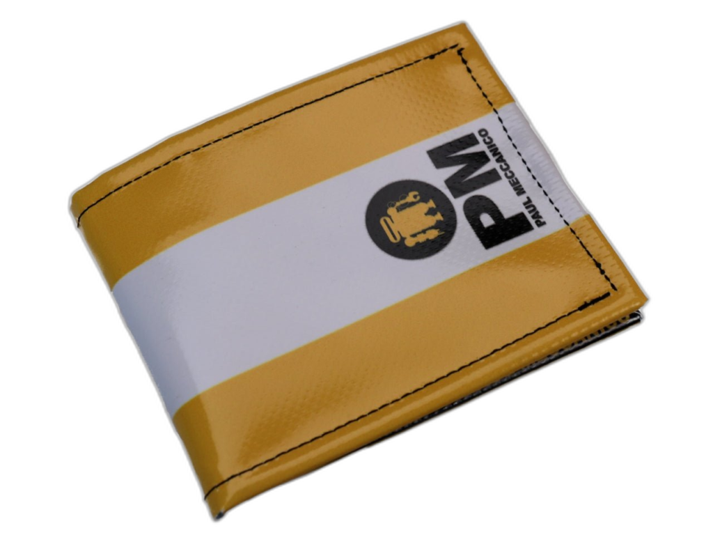 PORTAFOGLIO DA UOMO GIALLO E BIANCO. MODELLO CRIK REALIZZATO CON TELONI DI CAMION. - Edizione Limitata Paul Meccanico