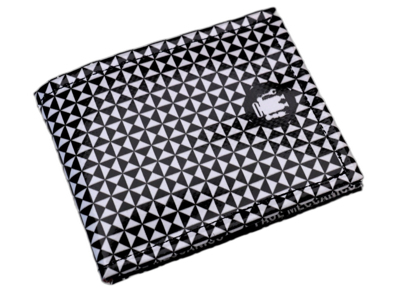PORTAFOGLIO DA UOMO IN BIANCO E NERO A FANTASIA GEOMETRICA. MODELLO CRIK REALIZZATO CON TELONI DI CAMION. - Edizione Limitata Paul Meccanico