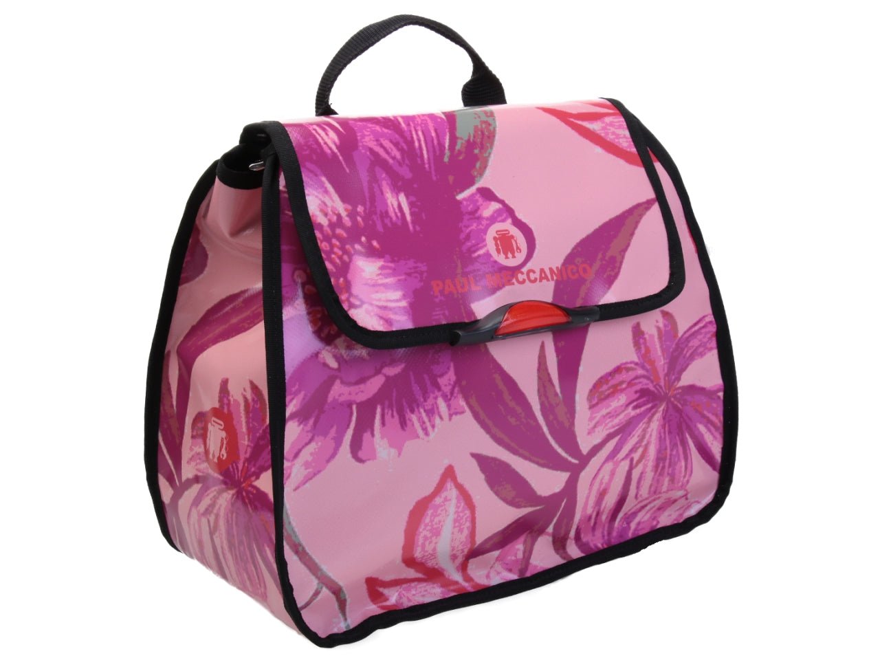 PINK WOMEN'S "BACK BAG" WITH FLORAL FANTASY. MODEL PULP MADE OF LORRY TARPAULIN.