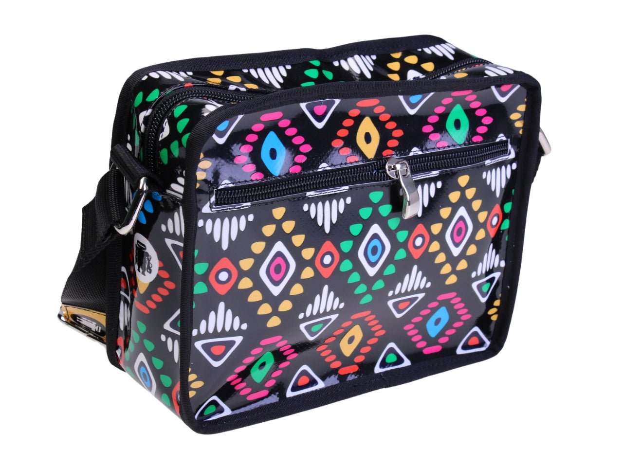 ..BLACK GENDERLESS SHOULDER BAG WITH ETHNIC FANTASY. MODEL FRIK MADE OF LORRY TARPAULIN.