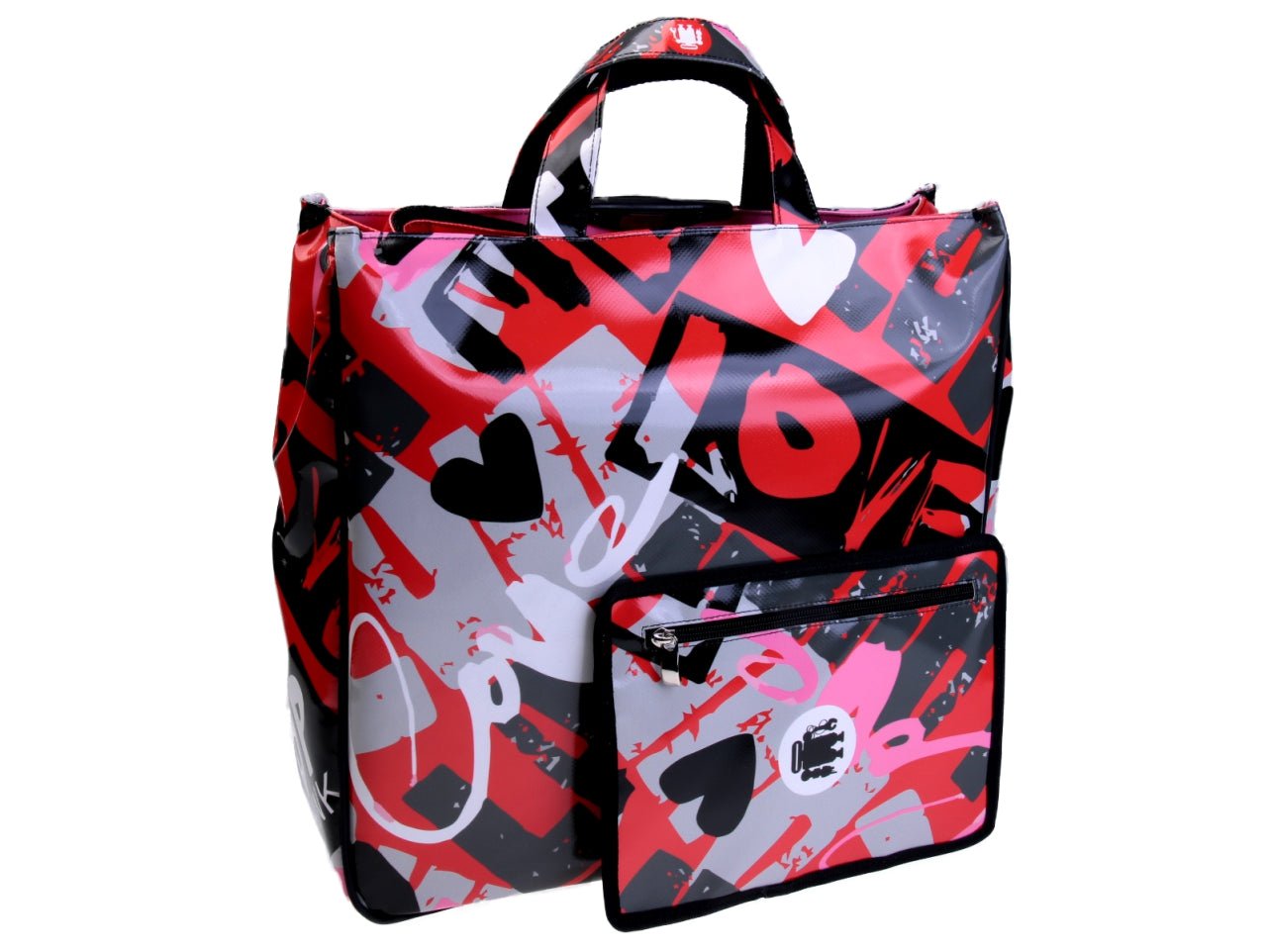 RED MAXI TOTE BAG "LOVE". MODEL AIRSTONE MADE OF LORRY TARPAULIN.