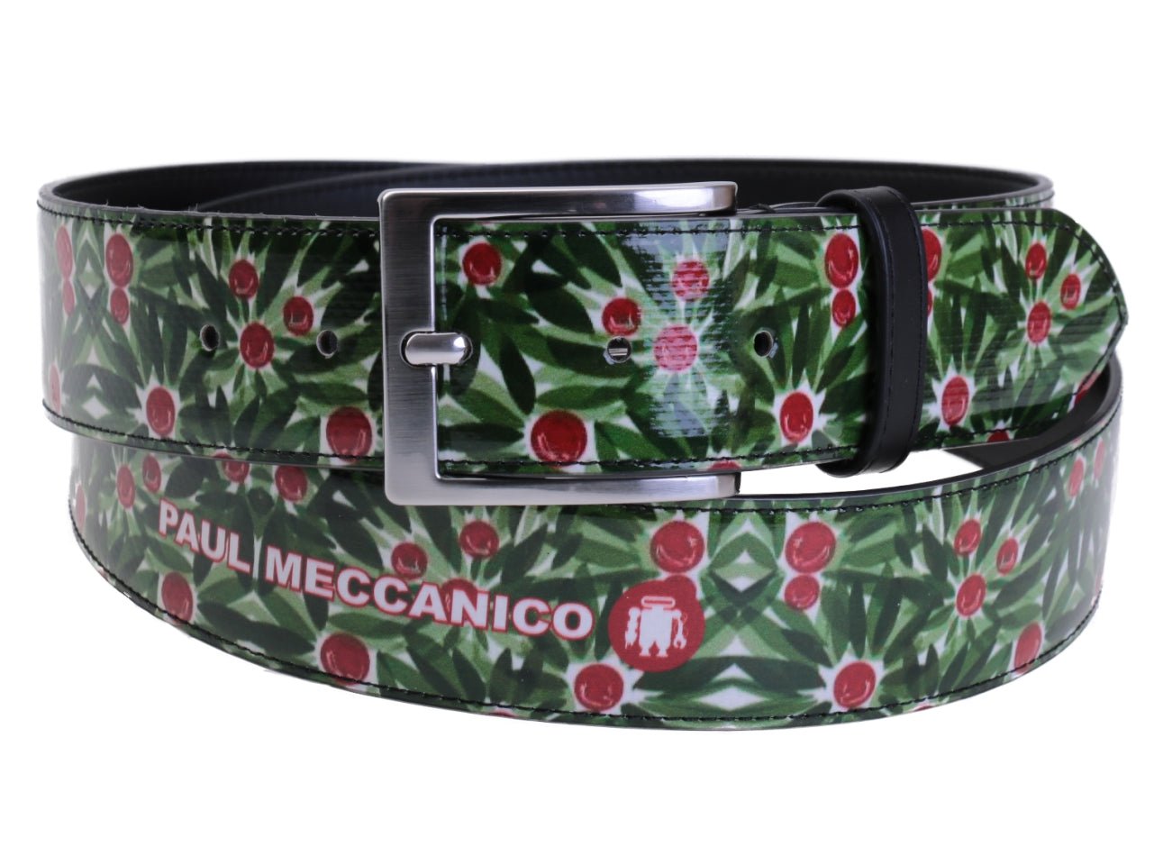 DARK GREEN MEN'S BELT FLORAL FANTASY MADE OF LORRY TARPAULIN.