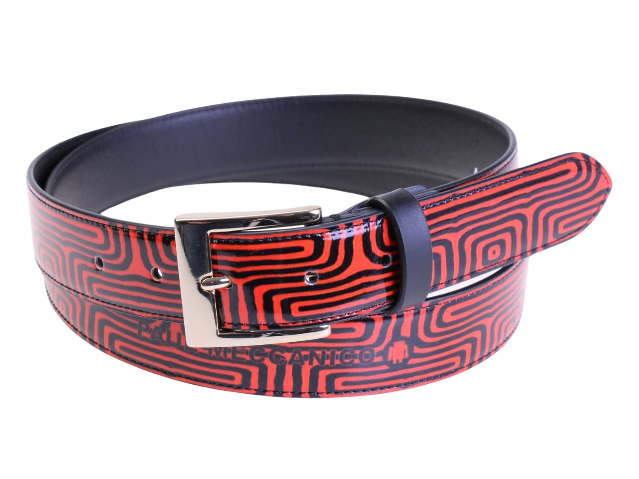 .BLACK AND RED WOMEN'S BELT WITH "LABYRINTH" MADE OF LORRY TARPAULIN.